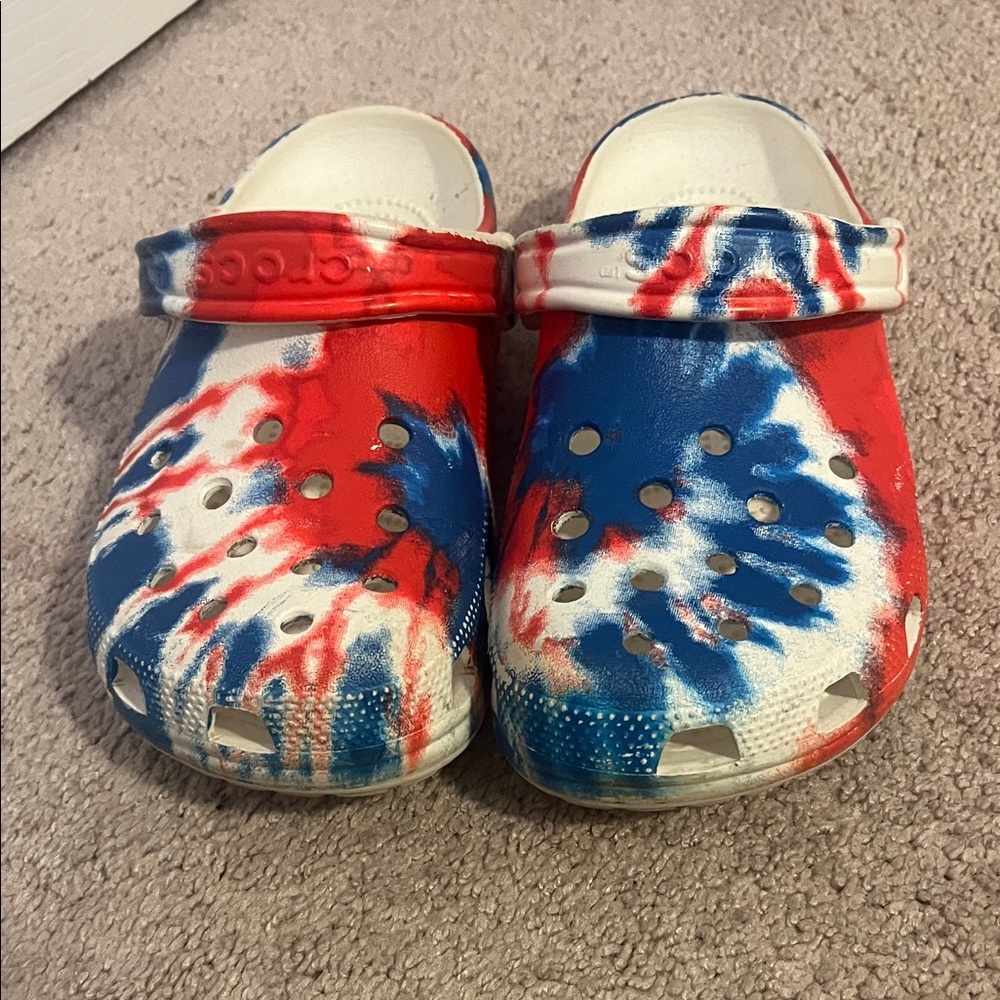 CROCS Red and Blue Tie-Dye Sandals